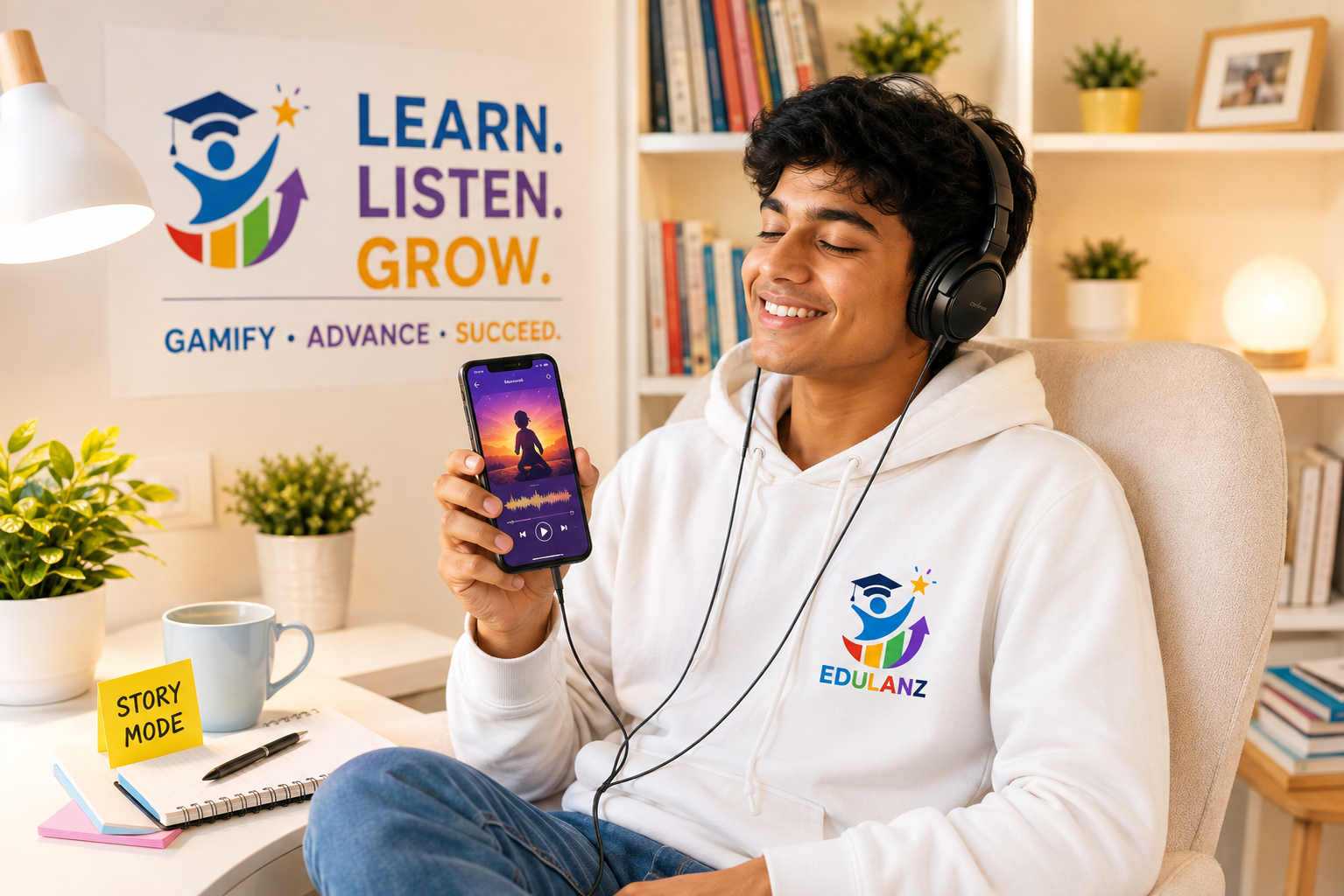 Student listening to an AI SkillCast story episode on headphones, EduLanz — Learn. Listen. Grow.